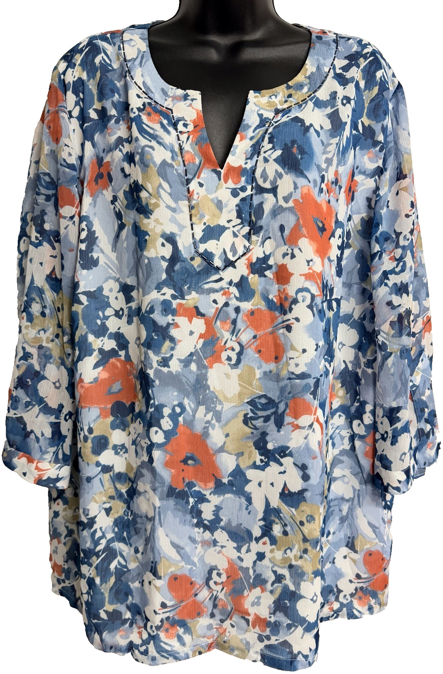 JM Collection Beaded Split Neck Blouse Women 20W Blue Floral Slit Sleeve Top